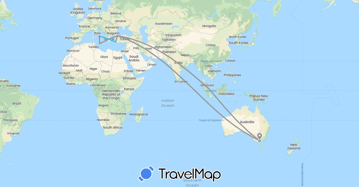 TravelMap itinerary: driving, plane, boat in Australia, Italy, Malta, Singapore, Turkey (Asia, Europe, Oceania)